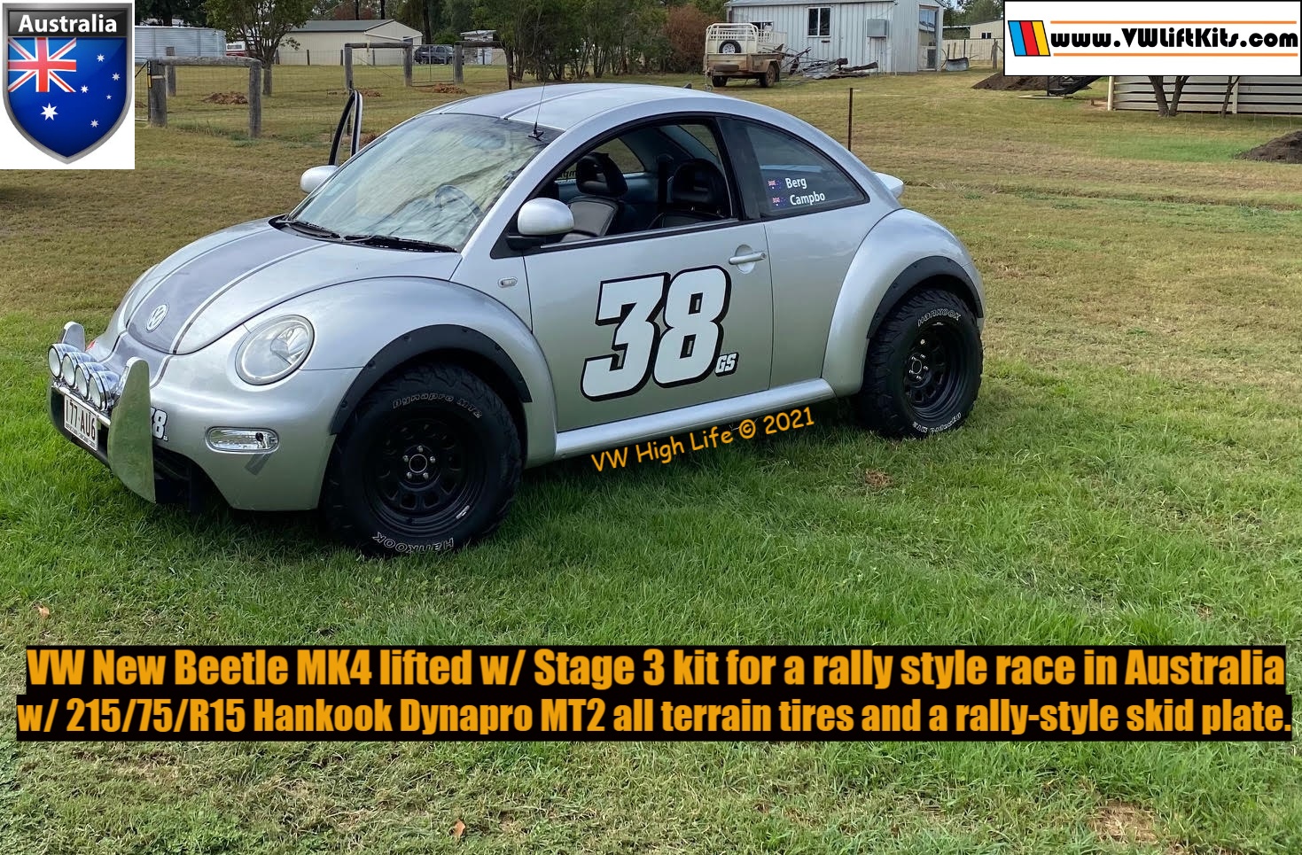 First VW Beetle lifted in Australia with 28-inch off road tires and a rally skid plate. 